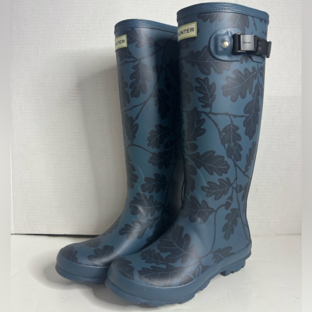 SOLD!Hunter Wms National Trust Print Norris Blue Leaf Pattern Field Rain Boots 7 - Picture 3 of 9